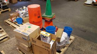 Lot of assorted chains, Boraxo hand soap, paper towel dispensers, buckets, and safety cones