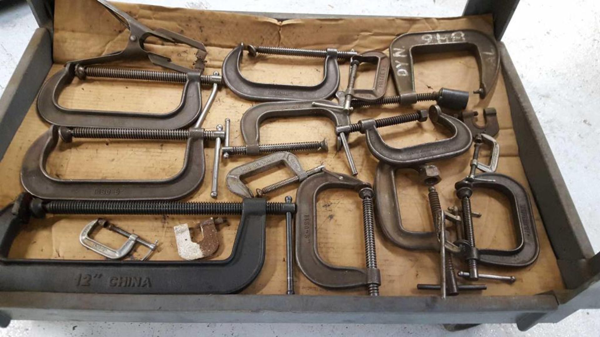 Lot of assorted C clamps, hold down tooling, and cart - Image 3 of 3