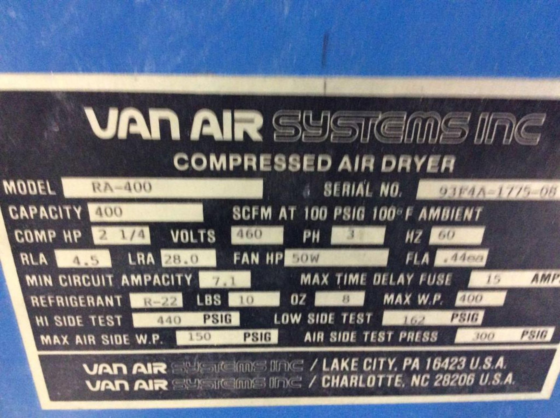 Van Air RA 400 refrigerated air dryer, sn 93F4A-1775-08, with refrigerant & gasket - Image 3 of 3