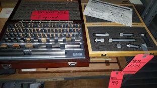 Lot of assorted calibration tools including gage block set, Fowler 2"-12" inside micrometer set, and