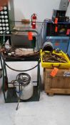 Lot of assorted cut and weld supplies including cart, torches, regulators, mask, and gloves