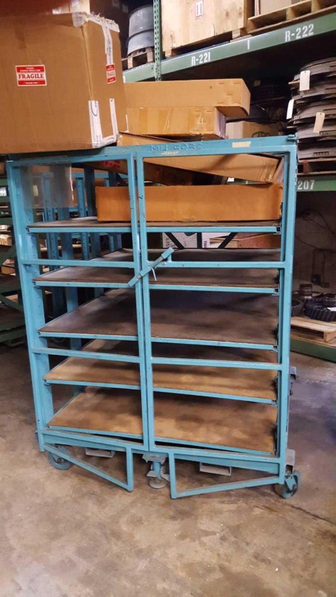 Lot of (2) assorted portable shop carts, 4' x 4' x 6' X 5 tier with slide out shelves - no contents