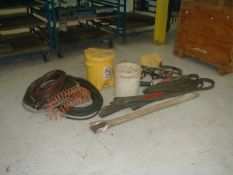 Lot consisting of assorted items including shop air hoses, wheel chocks, oilers, grease gun, nylon