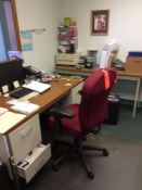 Lot of assorted office furnishings including desk, (3) tables, (3) chairs, bookcase, and printer sta