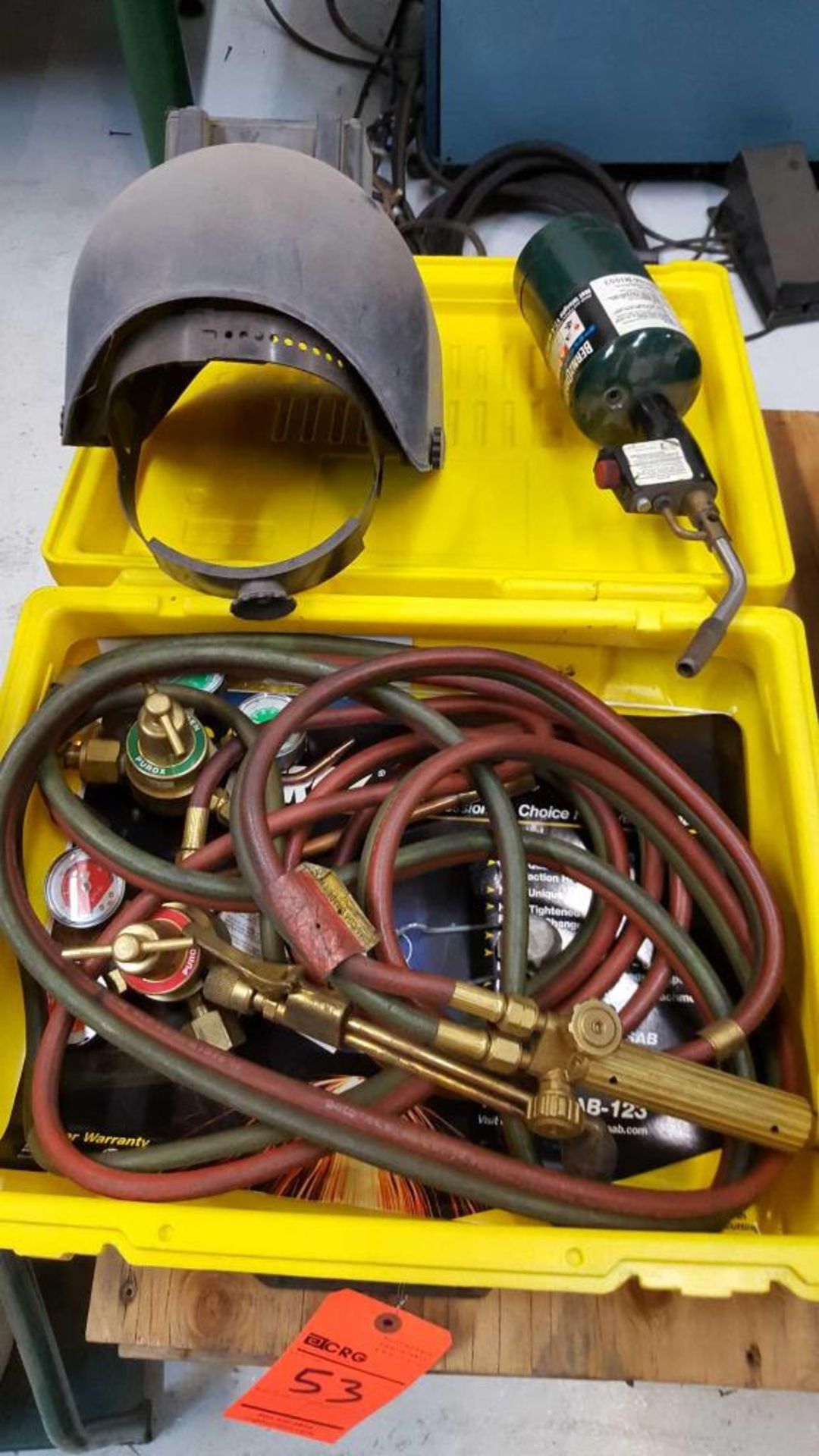 Lot of assorted cut and weld supplies including cart, torches, regulators, mask, and gloves - Image 2 of 3