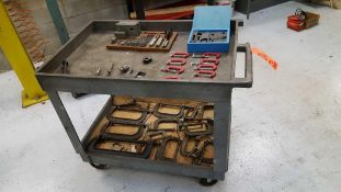 Lot of assorted C clamps, hold down tooling, and cart