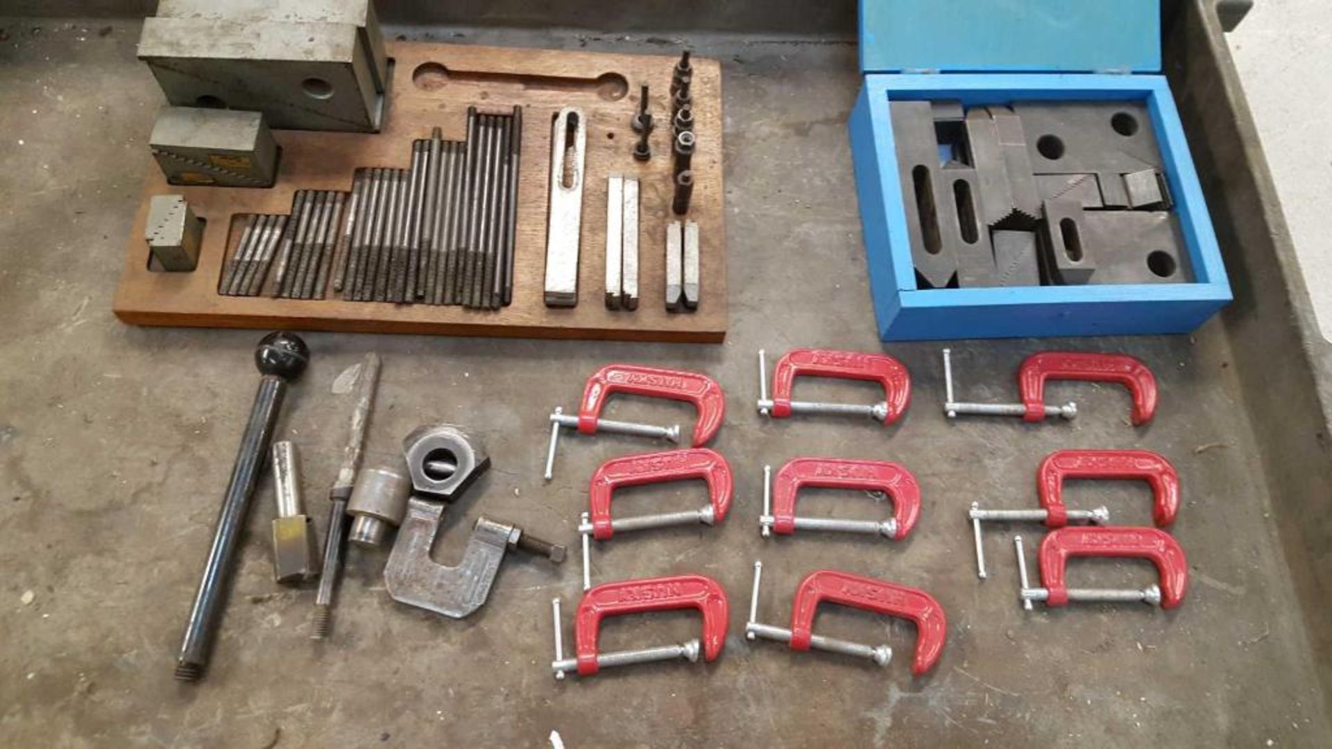 Lot of assorted C clamps, hold down tooling, and cart - Image 2 of 3