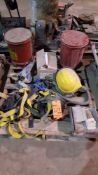 Lot of assorted safety gear including (2) safety harnesses, (2) safety storage cans, shoe covers, sa
