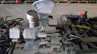 Lot includes (1) 8" double end bench grinder, (2) 6" machinists vises, (2) assorted scales, electric