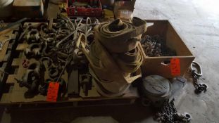 Lot of assorted shackles, chain, nylon and steel slings, chain binders, and manual chain fall hoist