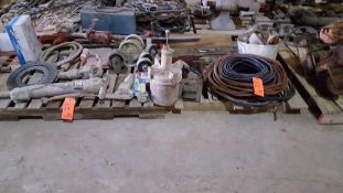 Lot of assorted reamers, hose, casters, caulk, caulk guns, hardware, etc.  contents of (4) pallets