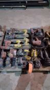 Lot of assorted cordless and corded power tools including DeWalt impact drivers, DeWalt drills, rota