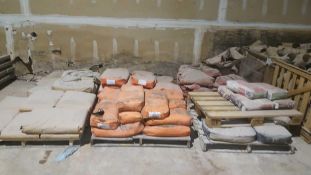 Lot of assorted concrete supplies and accessories including bags of industrial quartz, marblemix, un