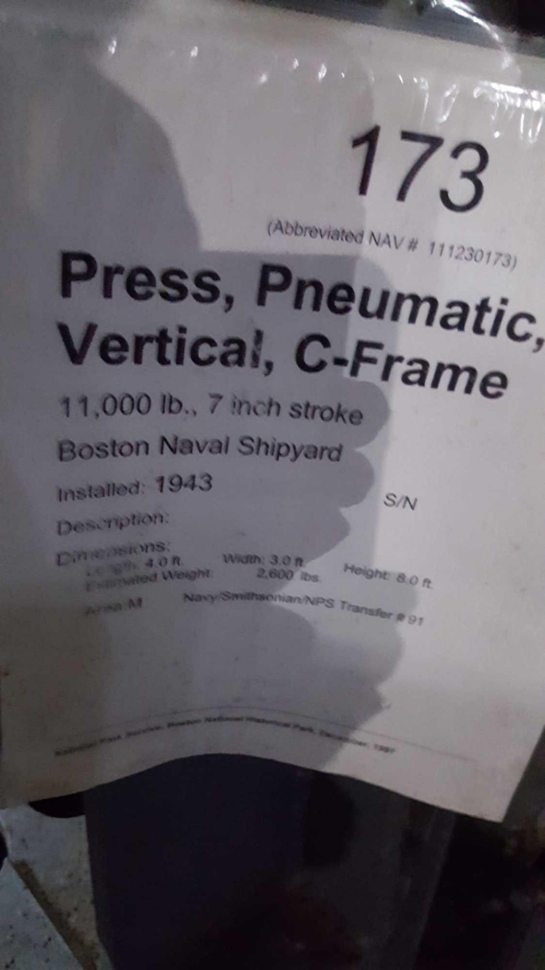 Boston Naval Shipyard manufactured, pneumatic vertical C frame press, 11000 pound, 7 inch strok - Image 3 of 3