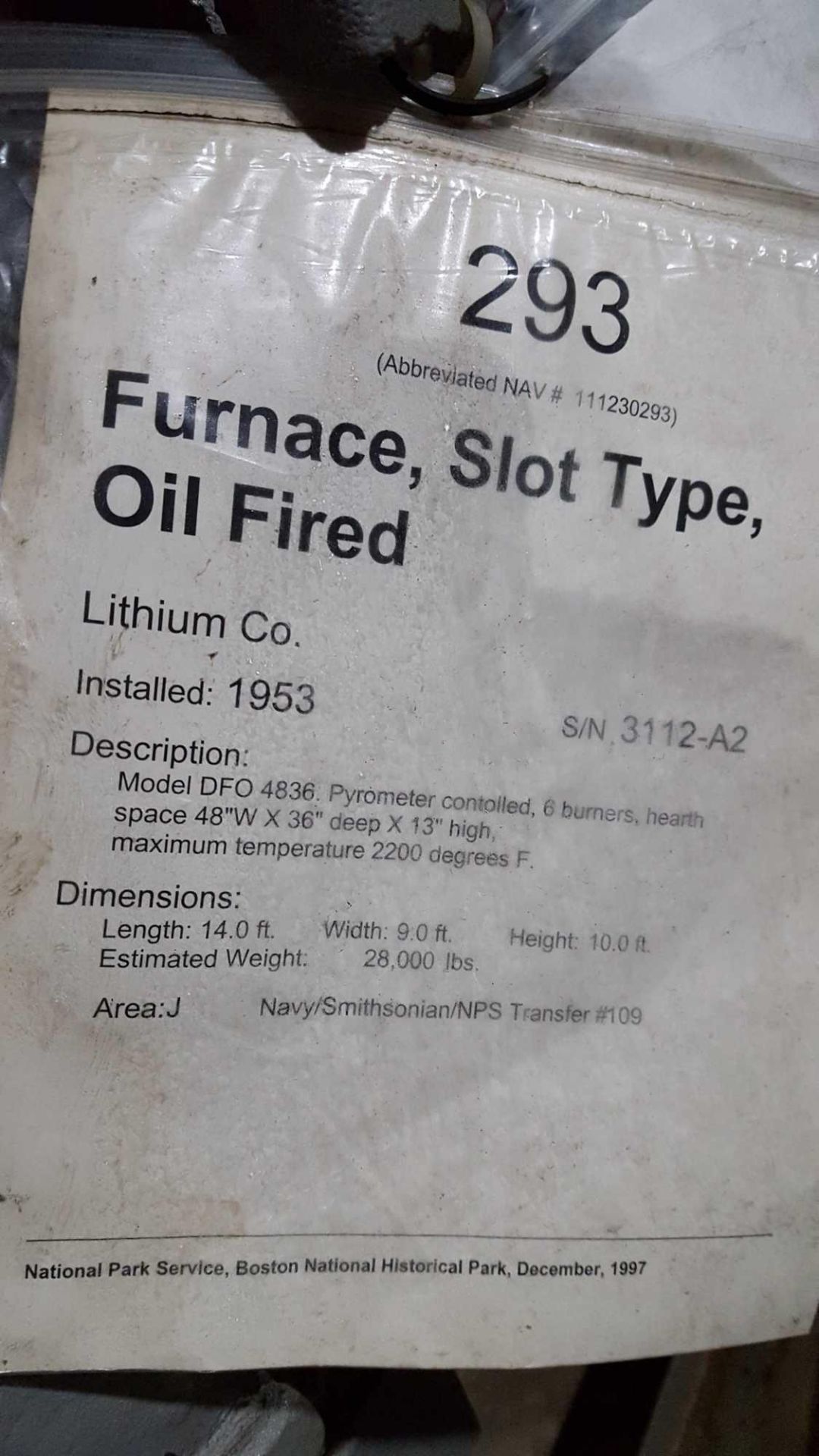 Lithium Company oil-fired, slot type furnace, serial number 23112 - 82. Model d e f o 4836, pyr - Image 4 of 4