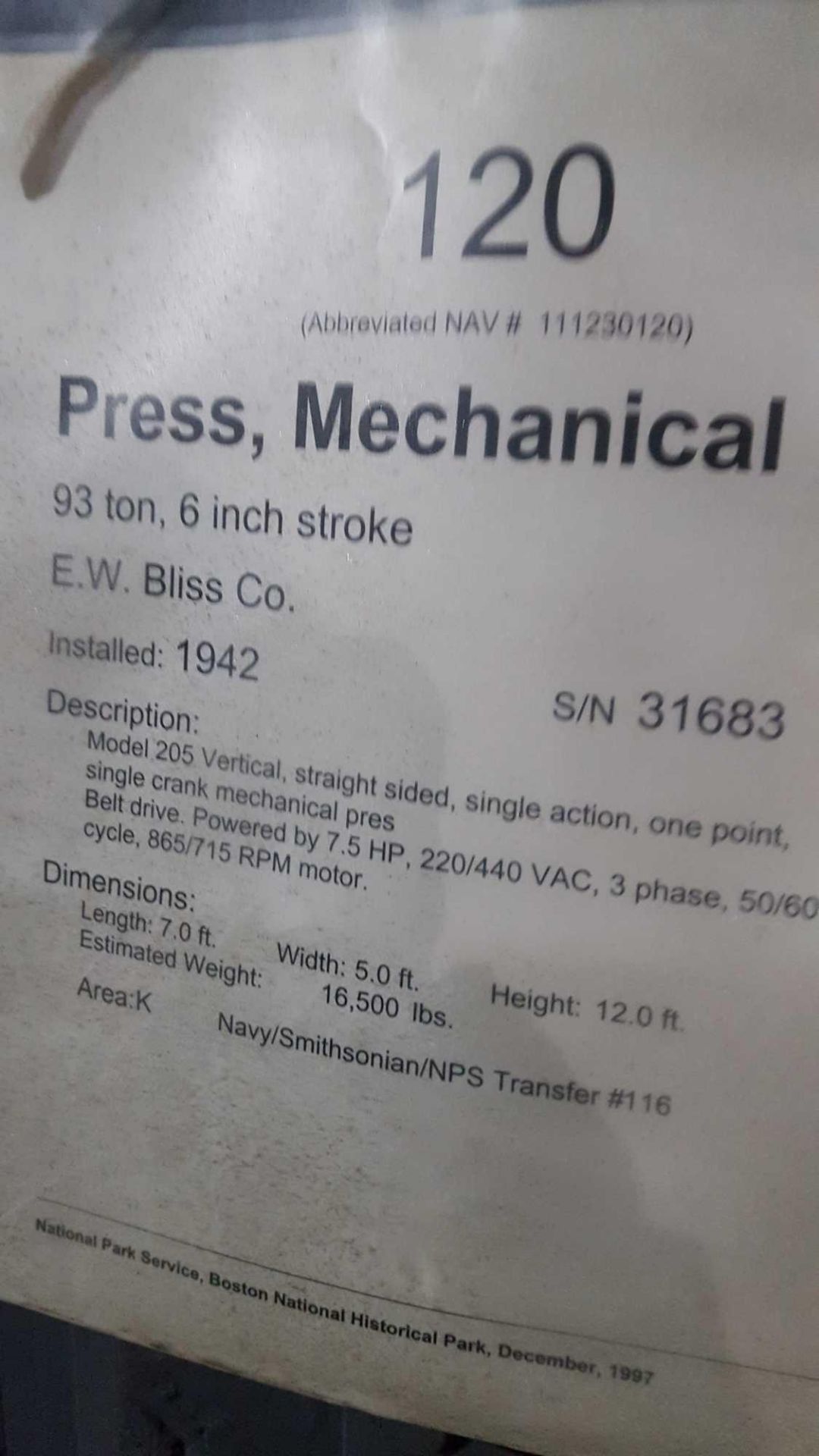 E. W. Bliss Company 93 ton mechanical press, with 6in stroke, serial number 31683, model 205 ve - Image 3 of 3