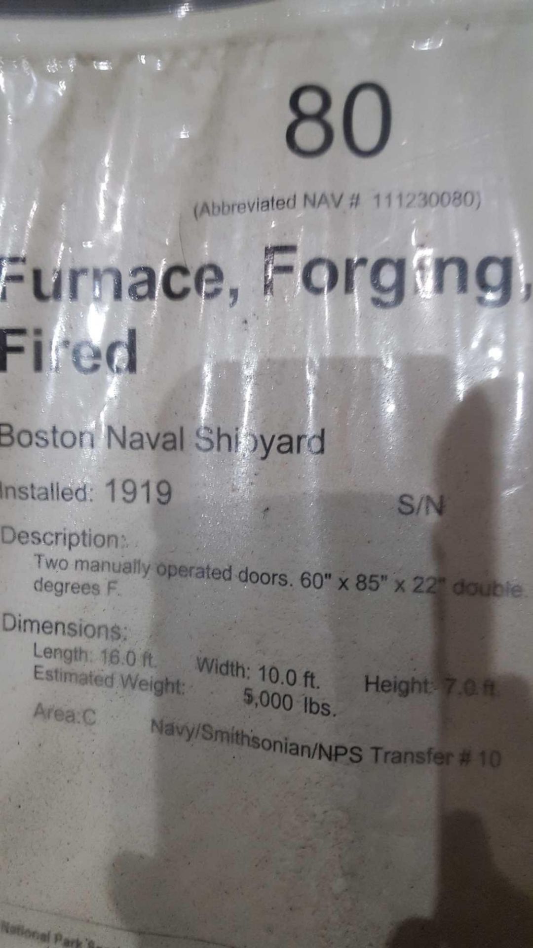 Boston Naval Shipyard oil-fired forging furnace with two manually operated doors, 60 inch by 85 - Image 5 of 5