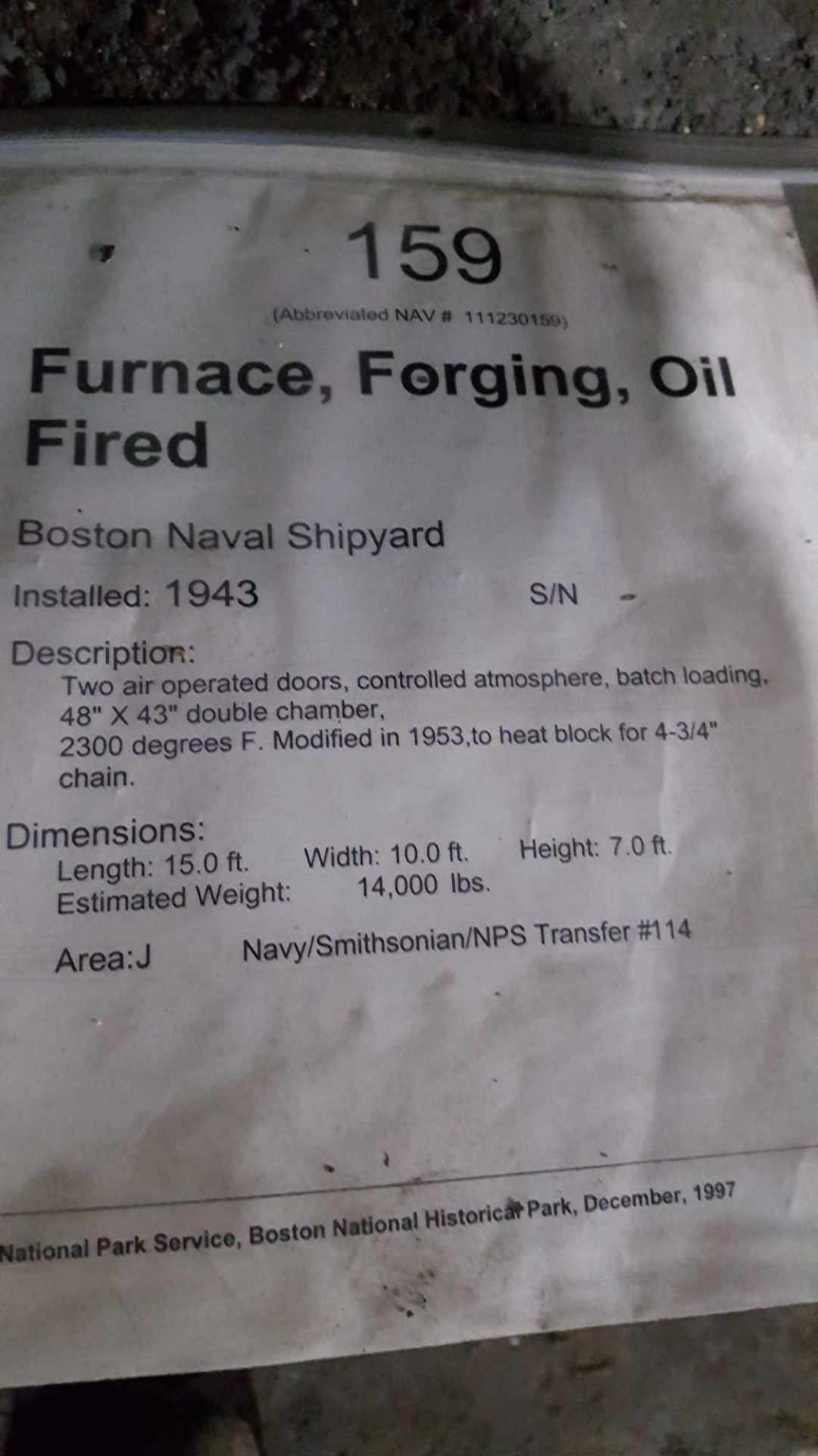 Boston Naval Shipyard oil-fired forging furnace with two air operated doors, controlled atmosph - Image 4 of 4