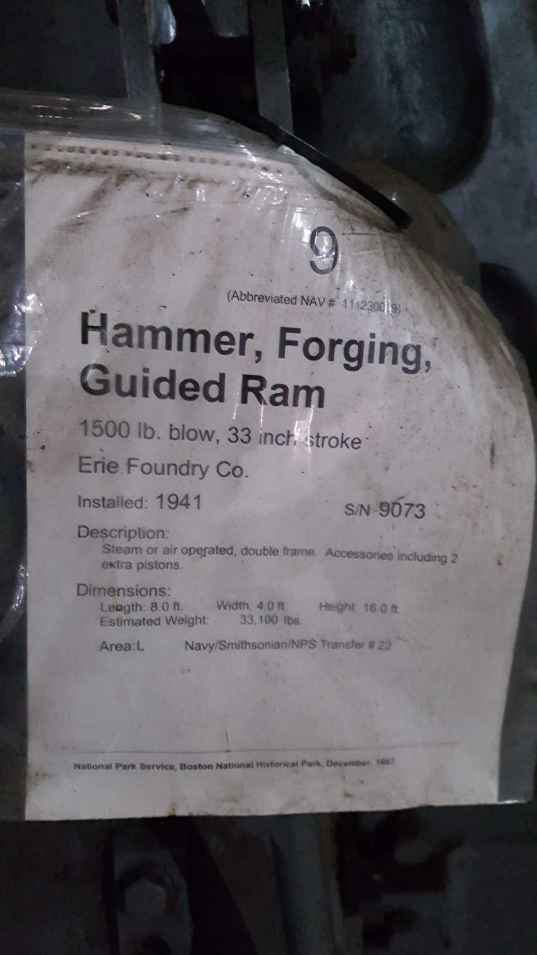Erie Foundry Company Hammer, forging, guided Ram, 1500 lb blow, 33 inch stroke, serial number 9 - Image 5 of 5