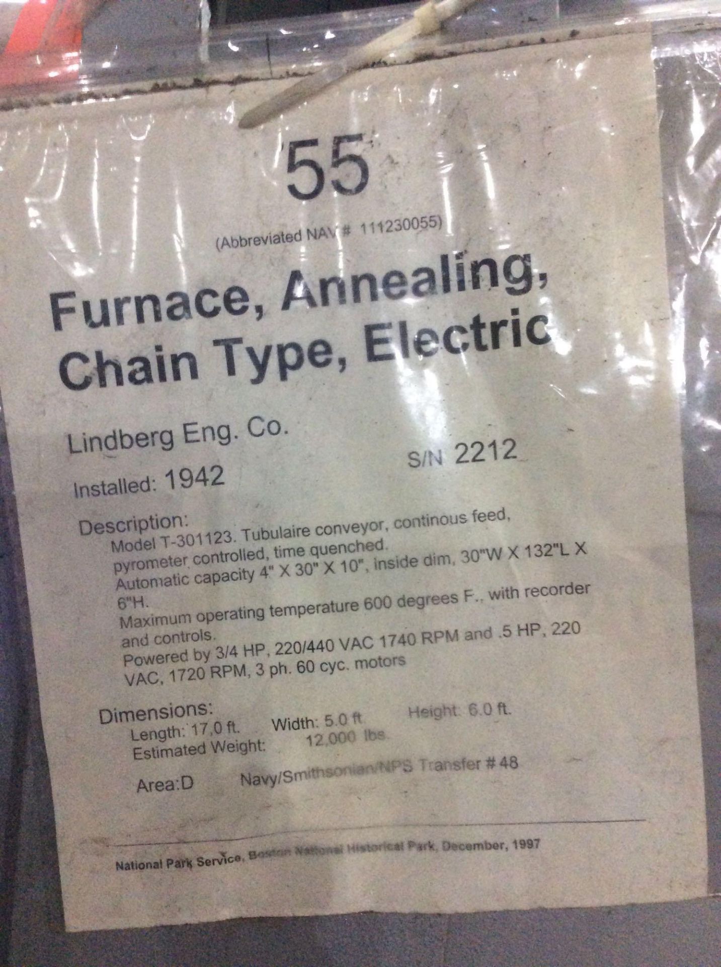 Lindberg Eng Co. chain type, annealing electric furnace, sn 2212,. Mode,l T-301123, tubulaire c - Image 5 of 5