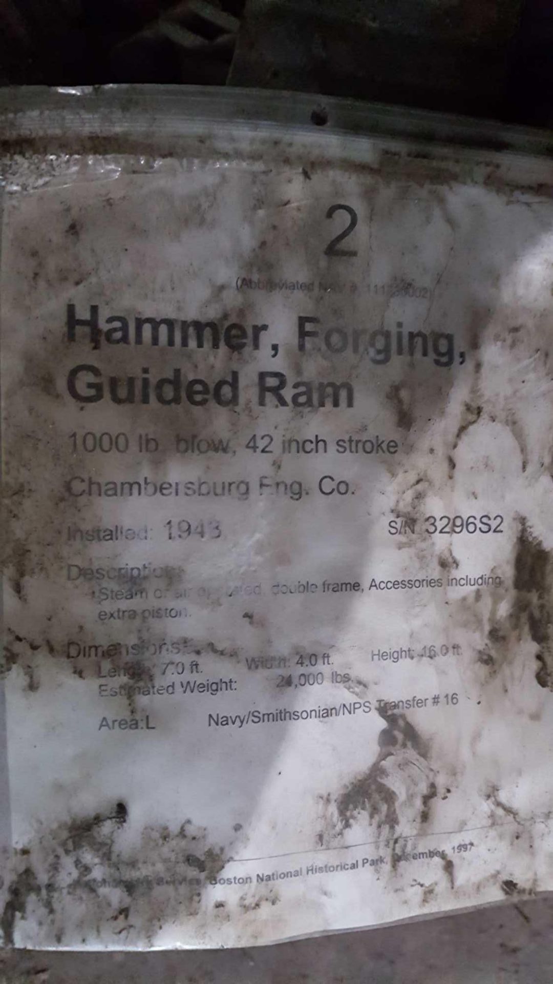 Chambersburg Hammer, forging, guided Ram, 1000 pound blow, 42 in stroke, serial number 32962. S - Image 4 of 4