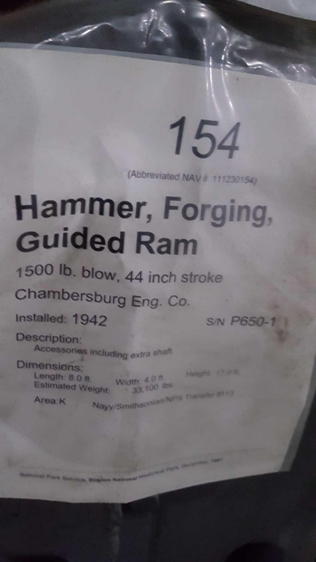 Chambersburg Engineering Company hammer, forging, guided Ram, 1500 pound blow, 44 inch stroke, - Image 2 of 2