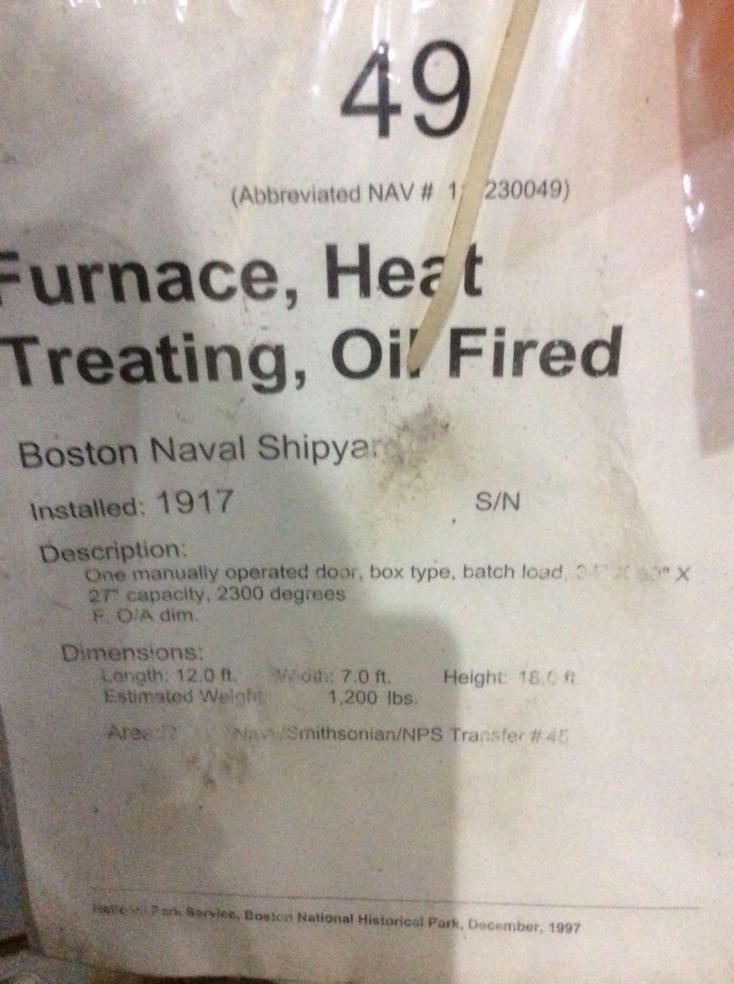 Boston Naval Shipyard oil fired heat treating furnace. One manually operated door, box type, that c - Image 3 of 3