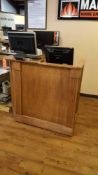 L shaped wood service counter on casters, no contents