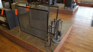 Lot of three, 39"x 31" free standing fireplace screens and assorted fireplace tools, one screen is n