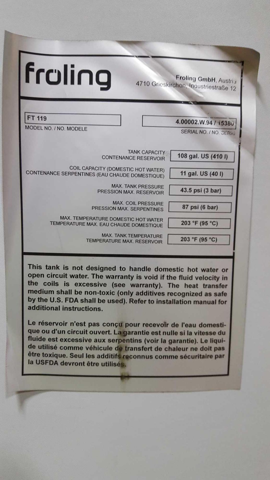 Froling energy tank controlling pellet boiler, model number FT 119, serial number 4. 0 0 0 2. W. 94 - Image 2 of 2