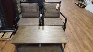 Lot of 2 upholstered wood arm chairs and one coffee table