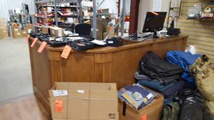 Wood service counter L-shaped on casters with three assorted stools, no contents