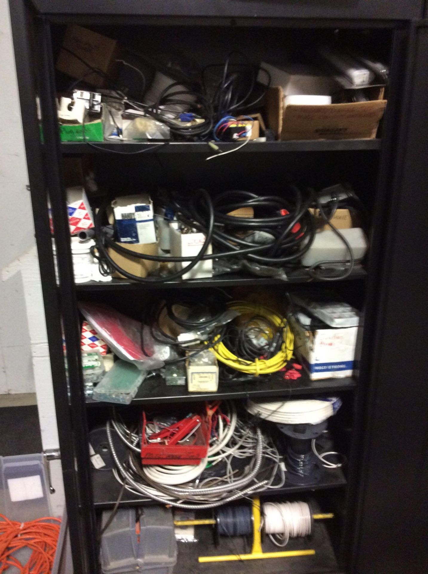 Lot of assorted electrical extension cords, drop cords, wire, fittings etc, with cabinet. - Image 2 of 3