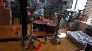 Lot of (2) 28" 4-Branch silver candelabras with floral design and (5) 32" Victorian style silver