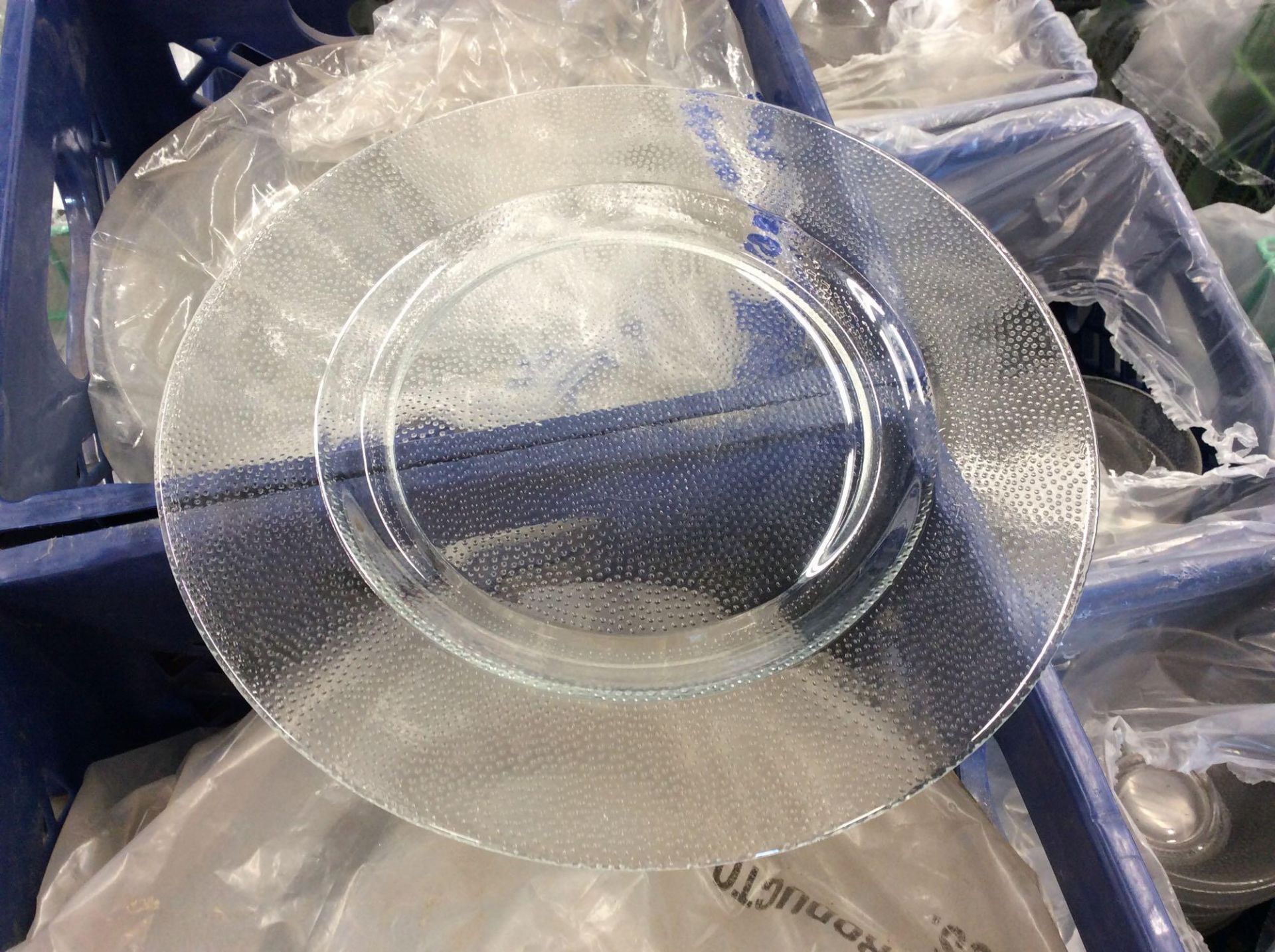 Entirety of clear pebbled glass dishware set including LOTS 242-246