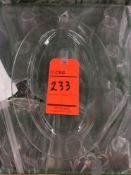 Lot of (149) clear glass 14" oval platters with (10) racks, add'l $8 fee per rack