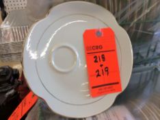 Lot of (150) gold trim china 9 1/2" snack plates with (6) racks, add'l $8 fee per rack