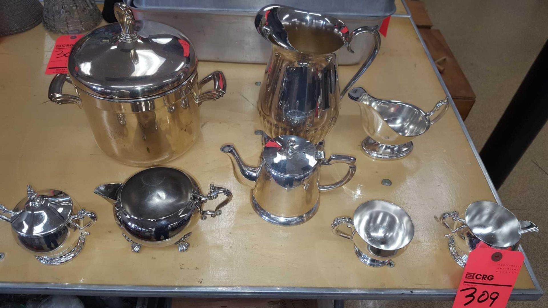 Lot of asst silver serving dishes and pitchers including (7) pitchers, (6) teapots, (9) large - Image 3 of 3