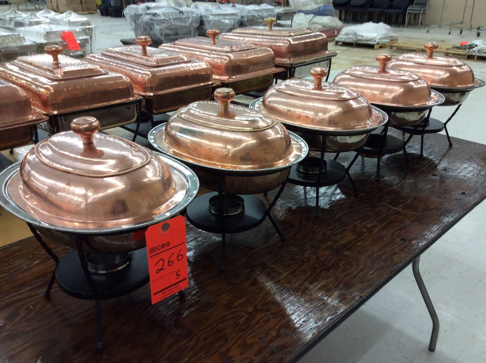 Lot of (5) copper finish oval chafers, approx. 13" x 17"
