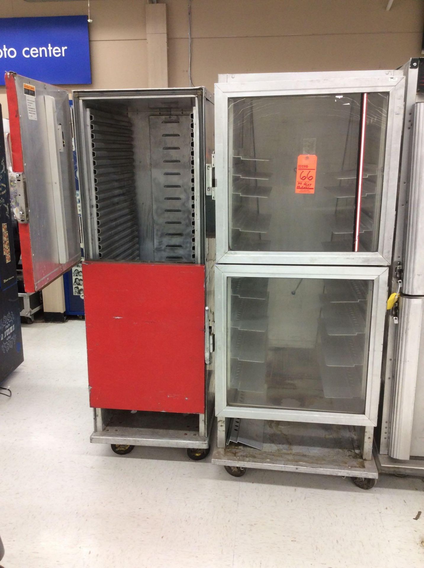 Lot of (2) portable food tray transports - (1) holds 33 trays, other holds 8 large trays and has