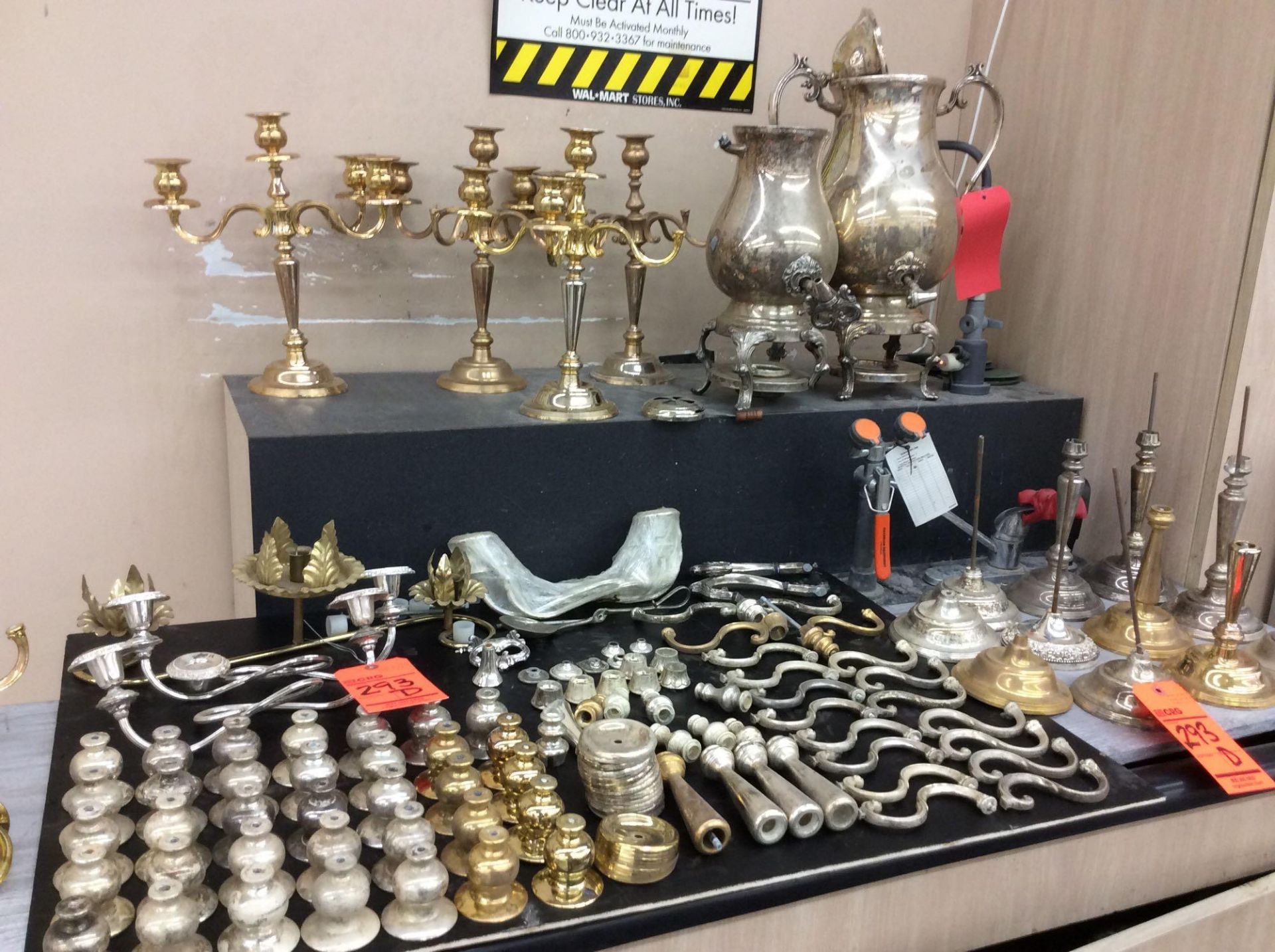 Lot of asst candelabra and candle holder parts, most silver-plated - and (2) silver-plated coffee