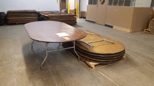 Lot of (6) Palmer racetrack tables, oval 84 inch by 48 inch by 30 in, with folding legs.