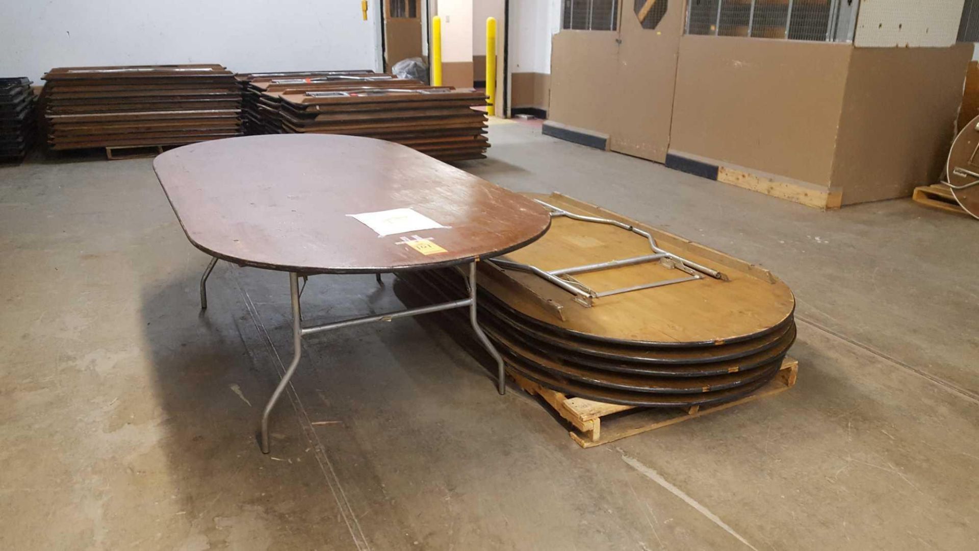 Lot of (6) Palmer racetrack tables, oval 84 inch by 48 inch by 30 in, with folding legs.