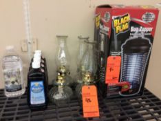 Lot - includes Black Flag bug zapper, (4) hurricane oil lamps, and (5) bottles of lamp oil