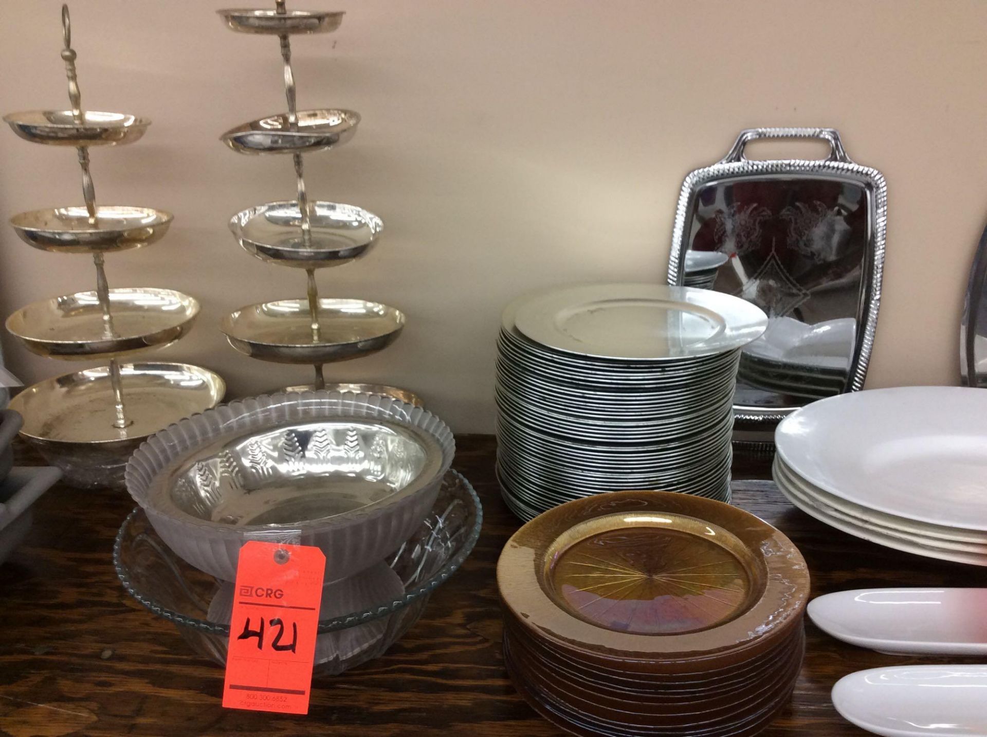 Lot - includes 4 & 5 tier dessert stands, asst bowls & trays, (60+) asst glass & plastic chargers, - Image 2 of 3