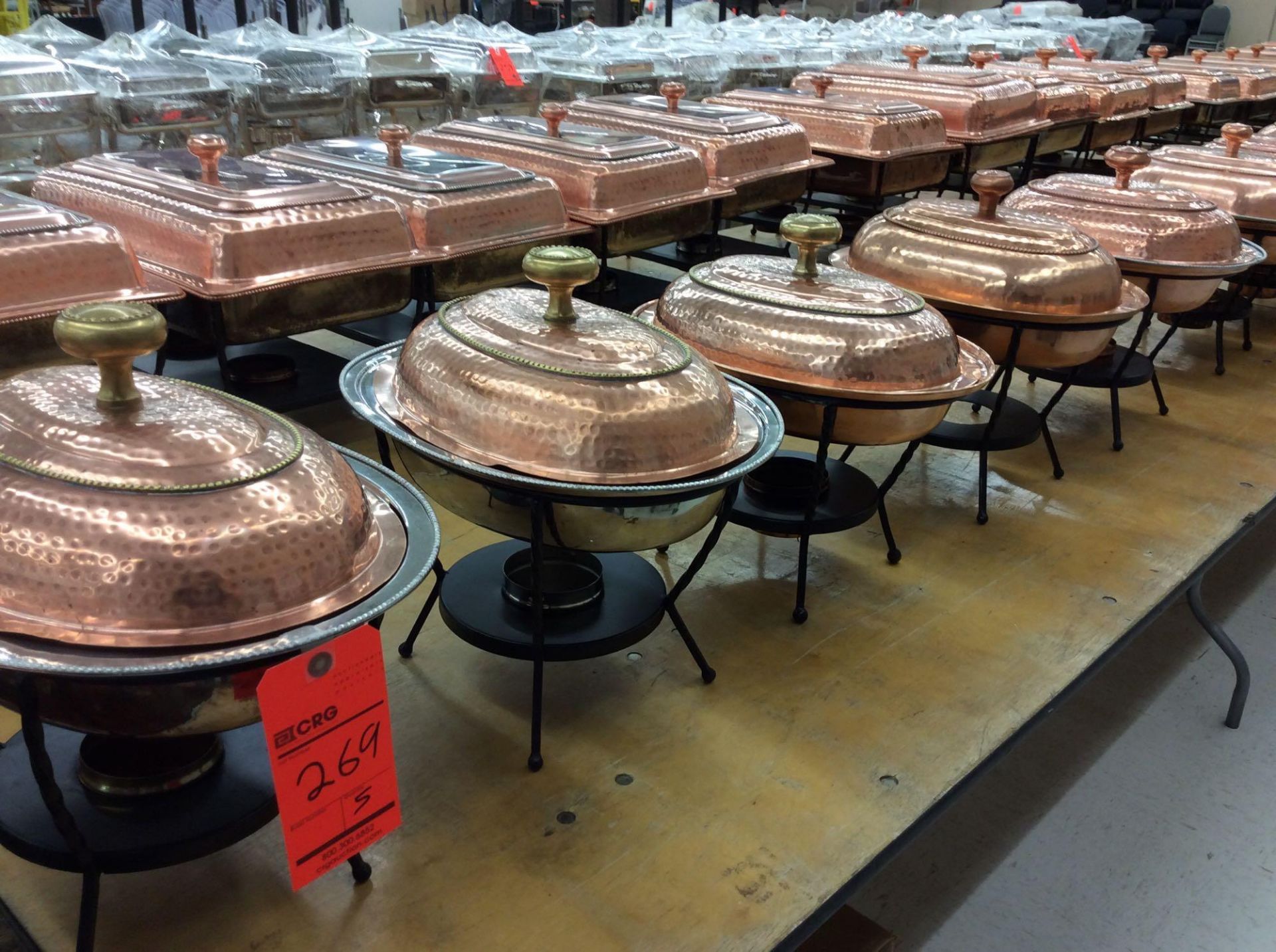 Lot of (5) copper finish oval chafers, approx. 13" x 17"