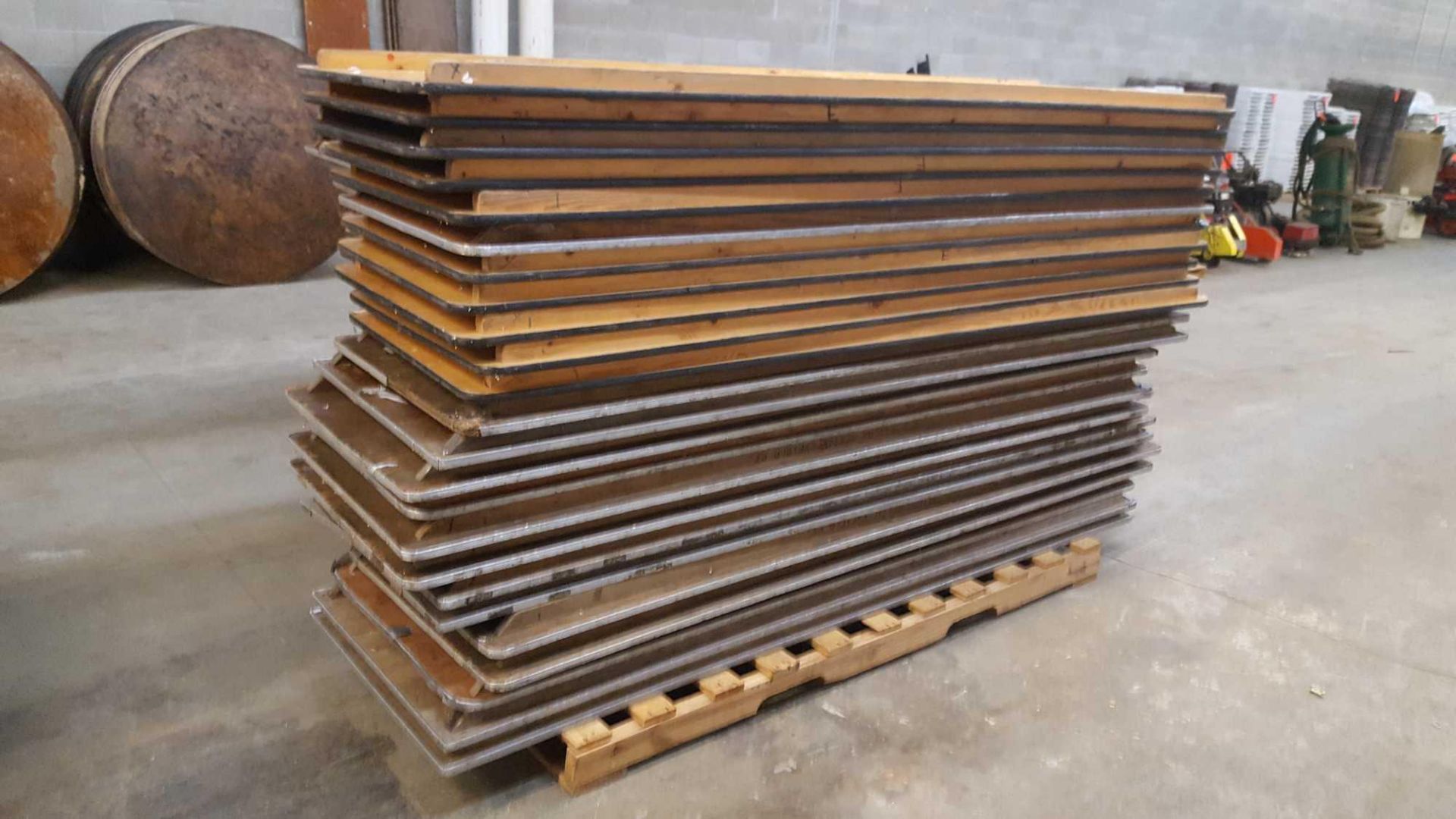 Lot of (24) assorted 8 foot by 30 inch wood tables with folding legs on a pallet - Image 3 of 4