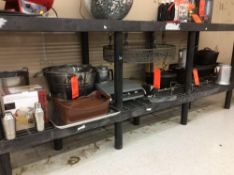 Lot of asst cookware & kitchen items - includes hanging pot rack, cast iron pots, stock pots, dual