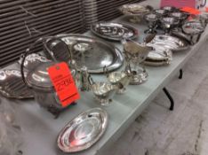 Lot of asst silver-plated and stainless serving trays, bowls, gravy boats, etc.