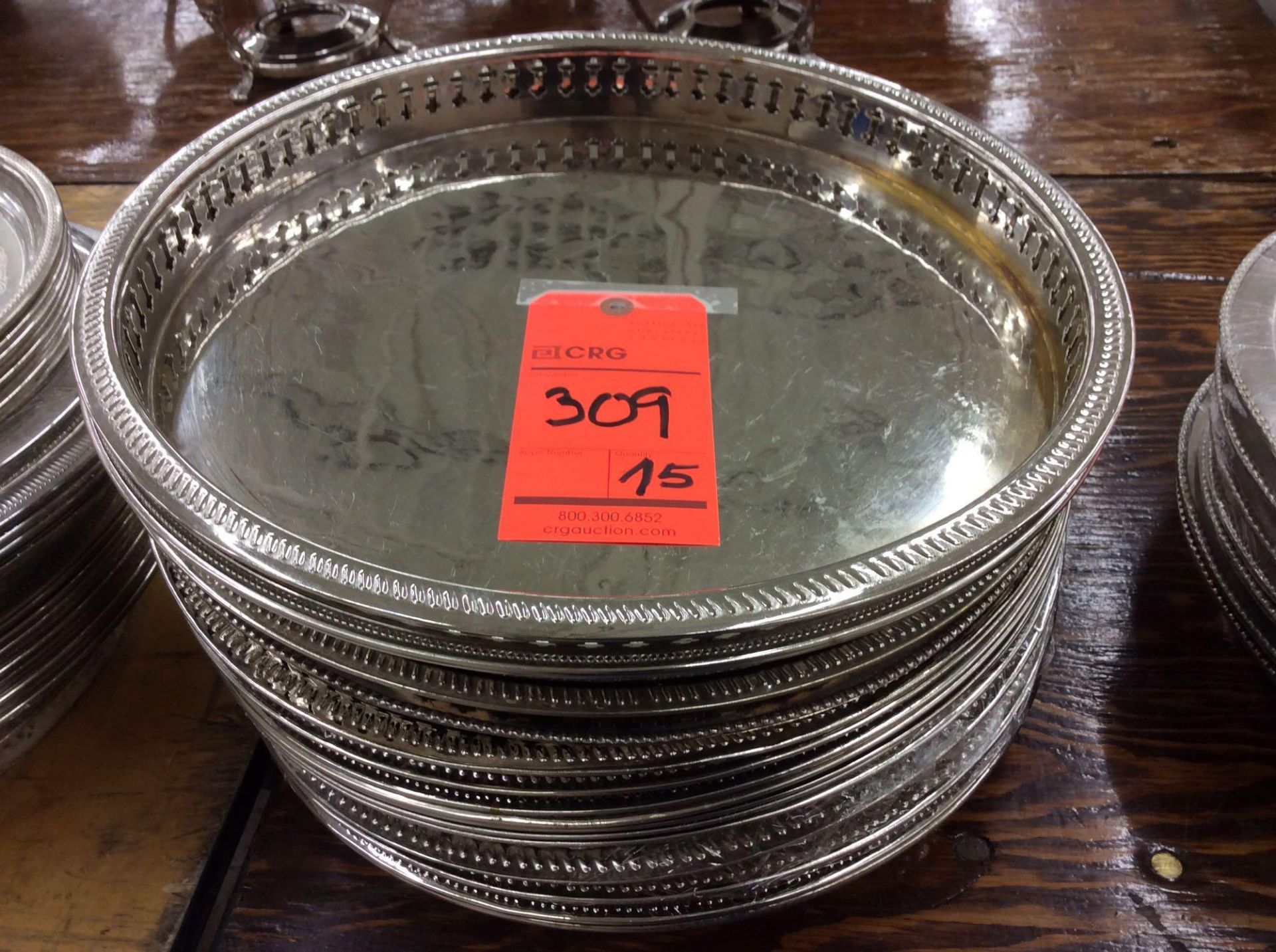 Lot of (15) recessed round silver-plated serving trays, 15" diameter
